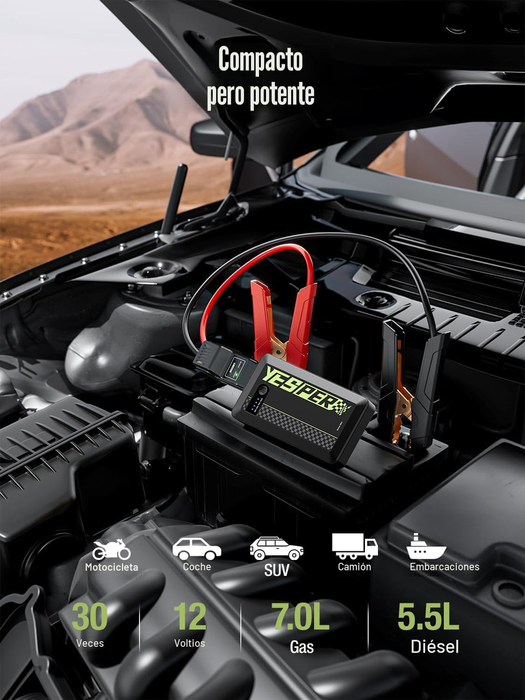 YESPER Arrancador portátil, Arrancador de motocicleta de pico de 1500A, Caja de arranque para arrancador portátil de auto, Paquete de refuerzo automático de 12V (hasta 7L de gas y motor diésel de 5.5L