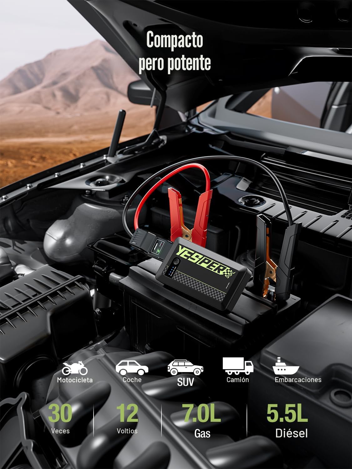 YESPER Arrancador portátil, Arrancador de motocicleta de pico de 1500A, Caja de arranque para arrancador portátil de auto, Paquete de refuerzo automático de 12V (hasta 7L de gas y motor diésel de 5.5L