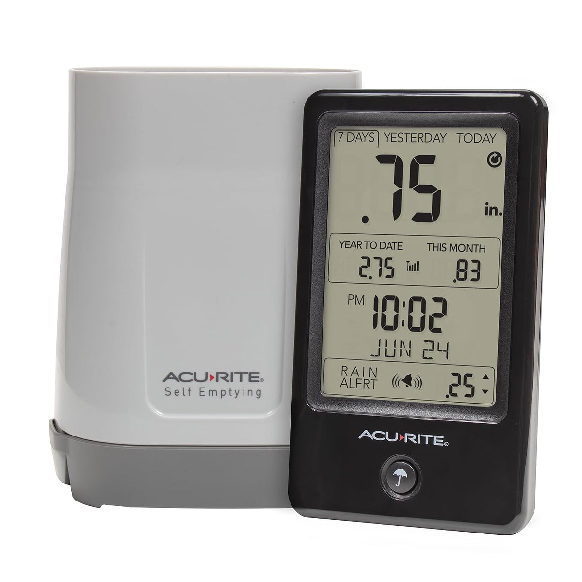 AcuRite Pluviómetro inalámbrico con colector de lluvia autovaciante con historial de precipitaciones, alertas, y fecha y hora actuales (02446M)