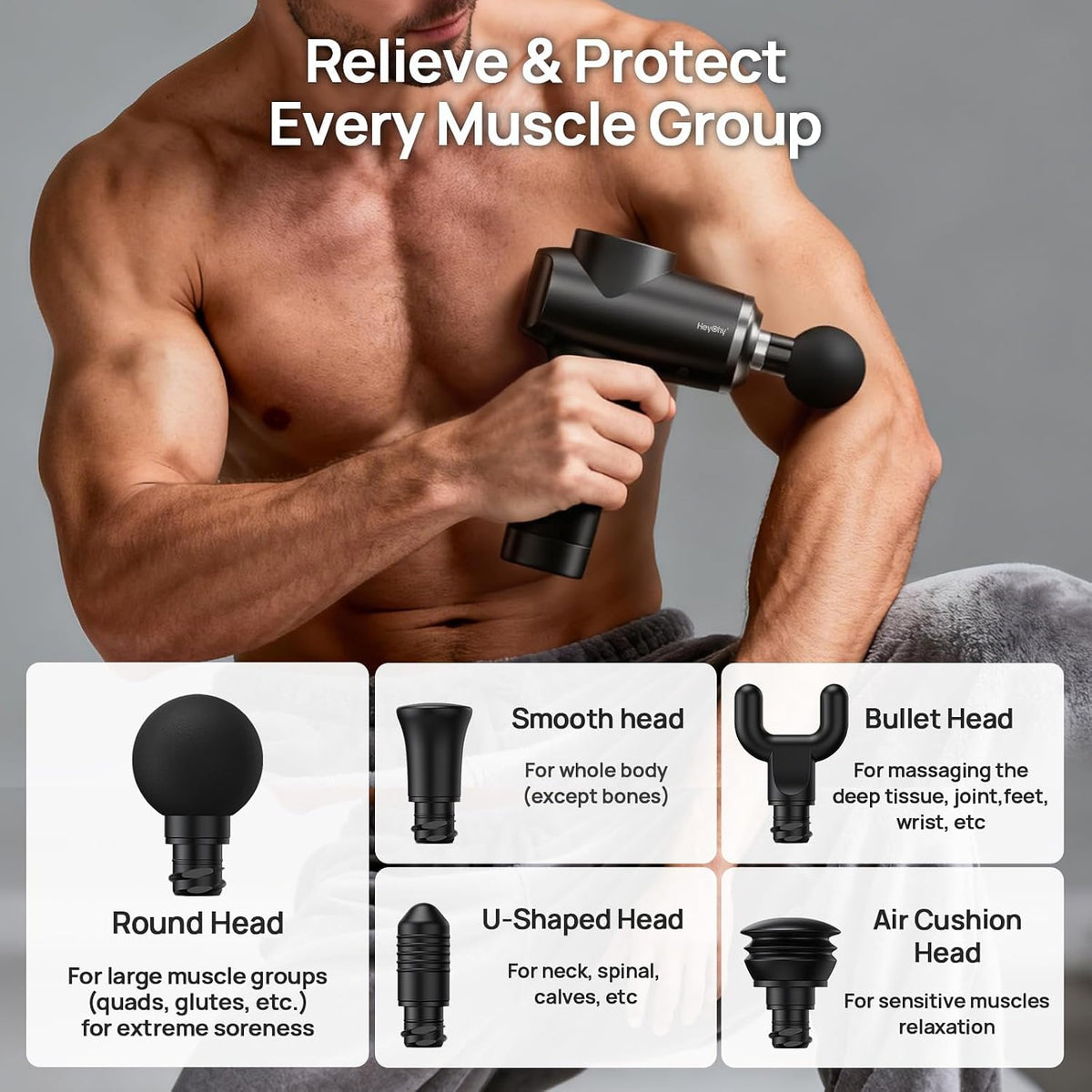 Pistola de masaje de tejido profundo, masajeador muscular con 5