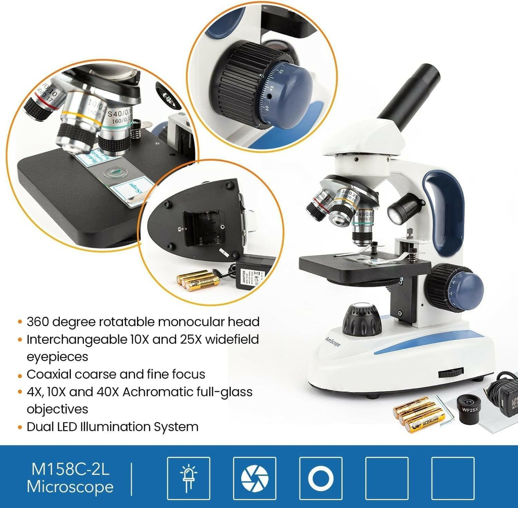 AmScope Microscopio monocular compuesto inalámbrico digital M158C-2L-E1, oculares WF10x y WF25x, aumento de 40x-1000x, iluminación LED superior e inferior con reóstato, Brightfield, condensador de una