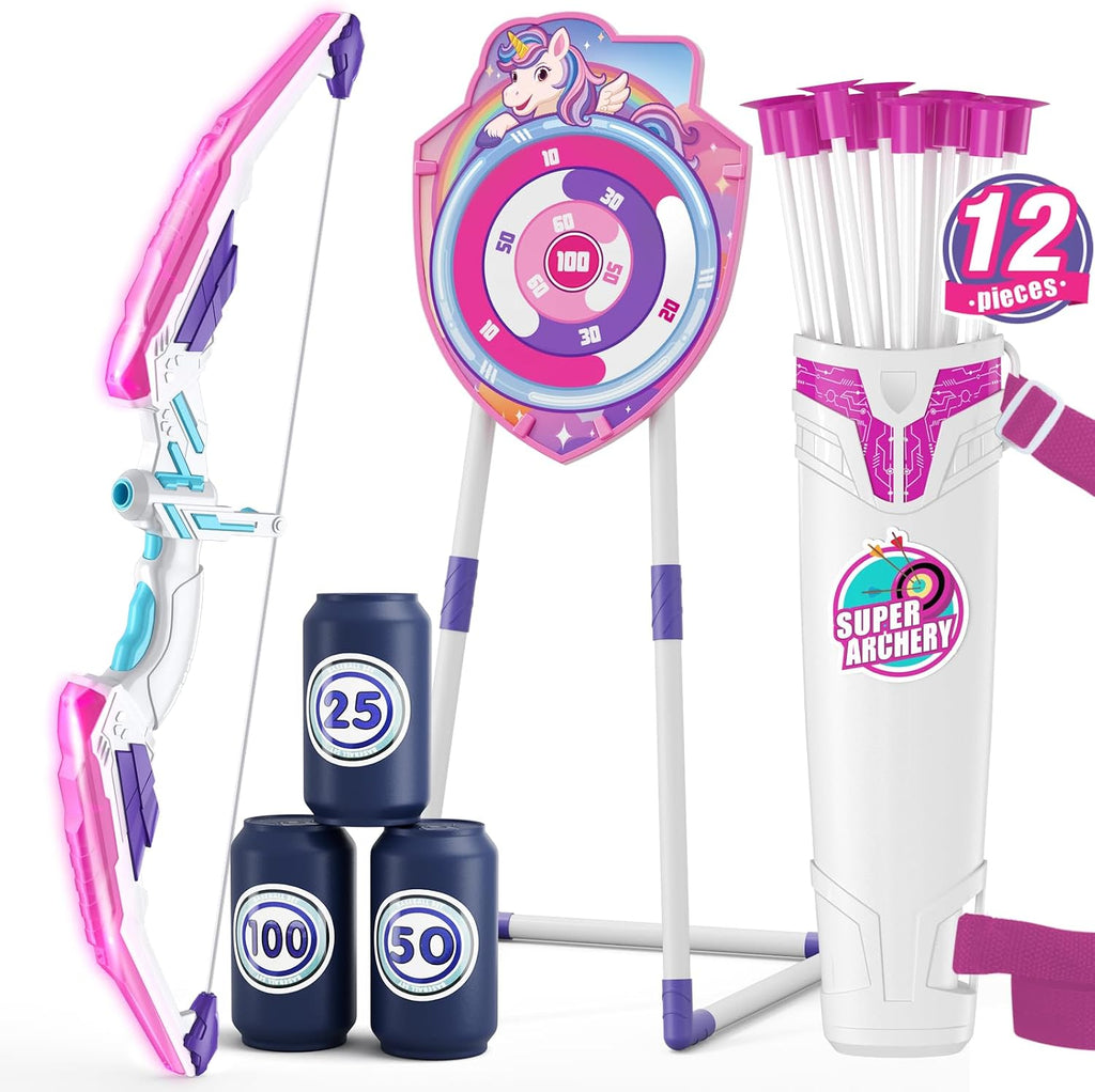 Bow y Arrow para Kids 4-6, LED Light Up Girls Archery Set