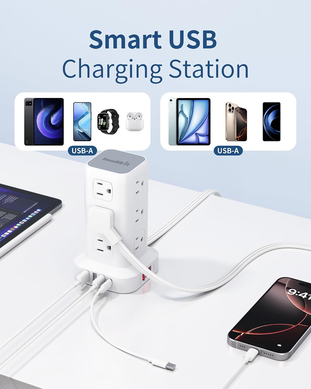 Extension Cord con Multiple Outlets, SMALLRT Flat Plug Power Strip Tower, Outlet Extender con USB 12 AC Outlets, 10FT Ultra Thin Extension Cord para Home Office, Overload Protection