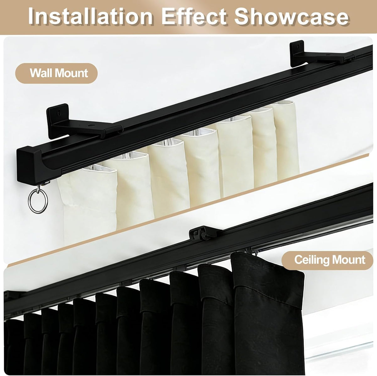 Riel de cortina de techo, sistema de rieles de cortina resistente para divisor de habitaciones, riel de cortina deslizante de montaje en pared con clip y ganchos para sala de estar, dormitorio, ducha, aire libre, negro, 6 pies - 9 pies