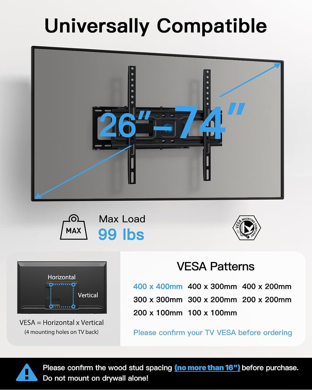 Pipishell Soporte de pared para TV para televisores LED LCD OLED 4K de 26-74 pulgadas de hasta 99 libras, soporte de montaje de TV de movimiento completo, extensión giratoria articulada, nivelación máxima VESA 15.748x15.748 in, se adapta a pernos de
