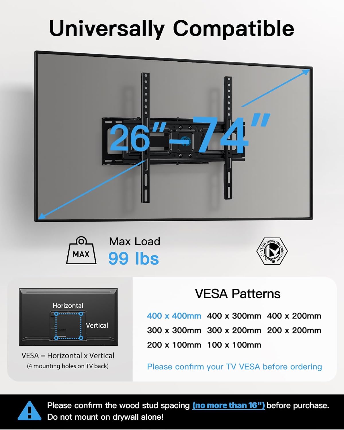 Pipishell Soporte de pared para TV para televisores LED LCD OLED 4K de 26-74 pulgadas de hasta 99 libras, soporte de montaje de TV de movimiento completo, extensión giratoria articulada, nivelación máxima VESA 15.748x15.748 in, se adapta a pernos de
