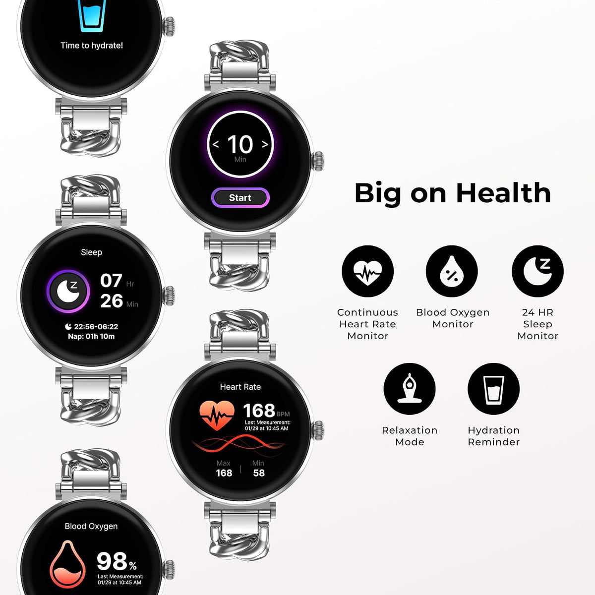 iTouch Bloom - Reloj inteligente para mujer, pantalla AMOLED de 1.32 pulgadas, rastreador de actividad física con llamadas Bluetooth, seguimiento de frecuencia cardíaca y sueño, más de 60 modos deportivos, reloj inteligente impermeable IP68 para Android y