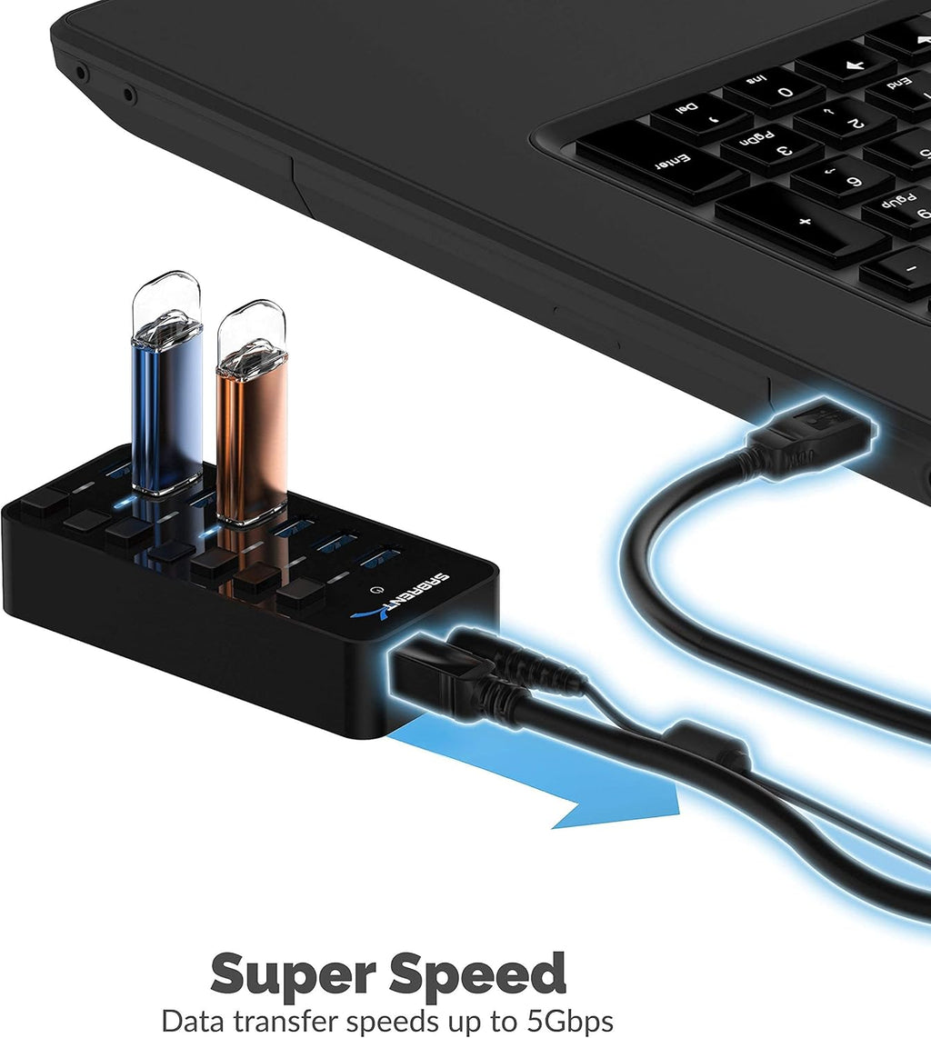 SABRENT, hub USB 3.0 de 7 puertos, alimentado, adaptador 12V/3A