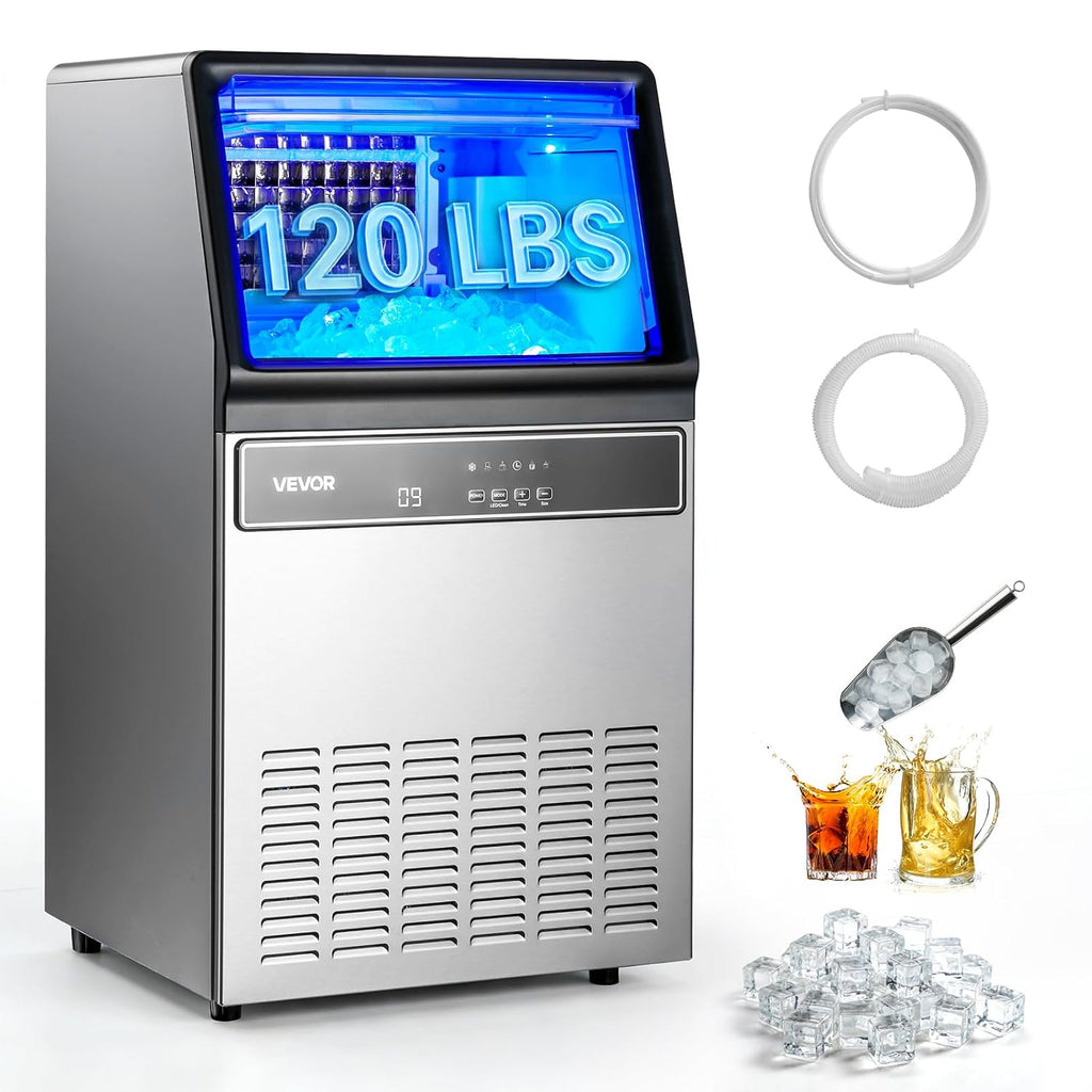 VEVOR Máquina comercial para hacer hielo, producción de hielo de 120 libras/24 horas, contenedor de almacenamiento de 19 a 33 libras, 45 cubos por ciclo, acero inoxidable debajo del mostrador y