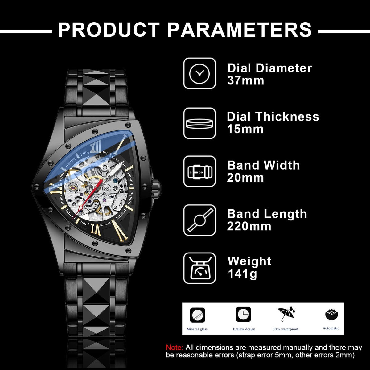 Tiong Triangle Skeleton Reloj Mecánico Automático para Hombre, Correa de Acero Inoxidable Reloj Deportivo para Hombre