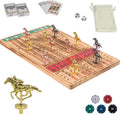 HOROW Juego de mesa de carreras de caballos, juego de cartas de carreras de caballos de madera maciza y juego de mesa de dados edición de lujo con 11 caballos de metal, 100 fichas de póquer, 2 dados y 2 cajas de cartas