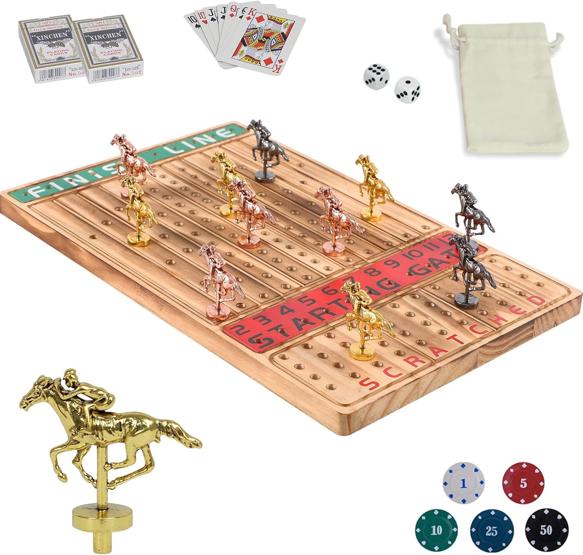 HOROW Juego de mesa de carreras de caballos, juego de cartas de carreras de caballos de madera maciza y juego de mesa de dados edición de lujo con 11 caballos de metal, 100 fichas de póquer, 2 dados y 2 cajas de cartas