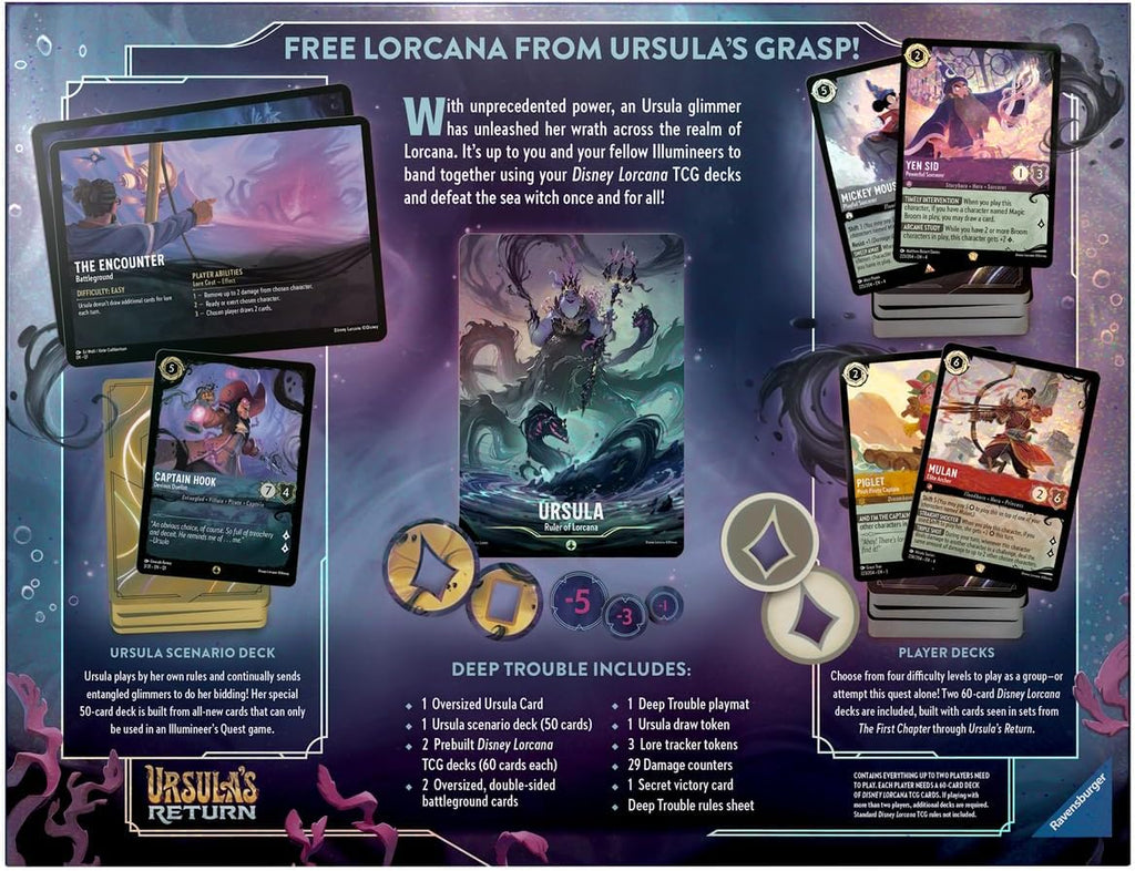 Ravensburger Disney Lorcana TCG: Illumineer's Quest - Deep Trouble | Aventura cooperativa contra Úrsula | Incluye cartas exclusivas y tapete de juego | Juego en solitario o en equipo | A partir de 8
