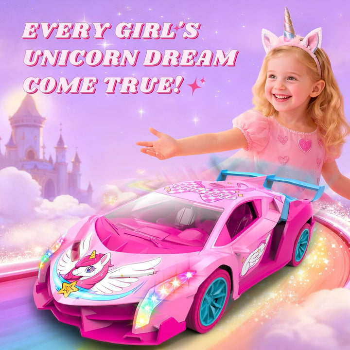 Auto RC de unicornio para niñas, auto de control remoto Rainbow Glo...