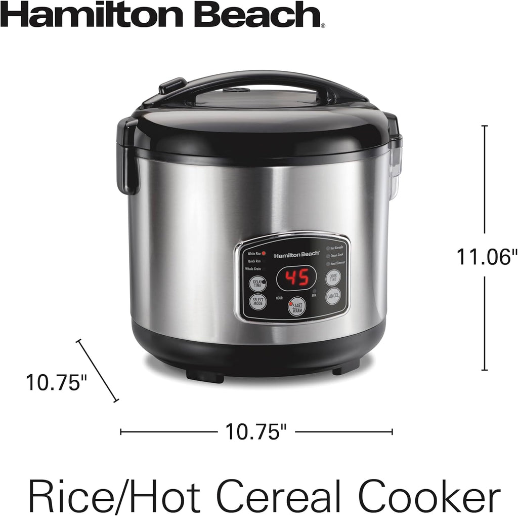 Hamilton Beach Arrocera digital programable y vaporizador de alimentos, 14 tazas cocidas (7 sin cocinar) con cesta de vapor y enjuague, acero inoxidable (37548)