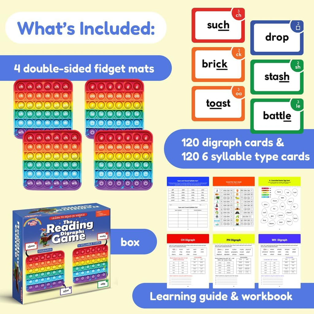 THE FIDGET GAME Science of Reading - Tarjetas didácticas y alfombrillas de estallido, dígrafos maestros y sílabas, kit educativo atractivo para dislexia y lectores jóvenes, grados 1-3