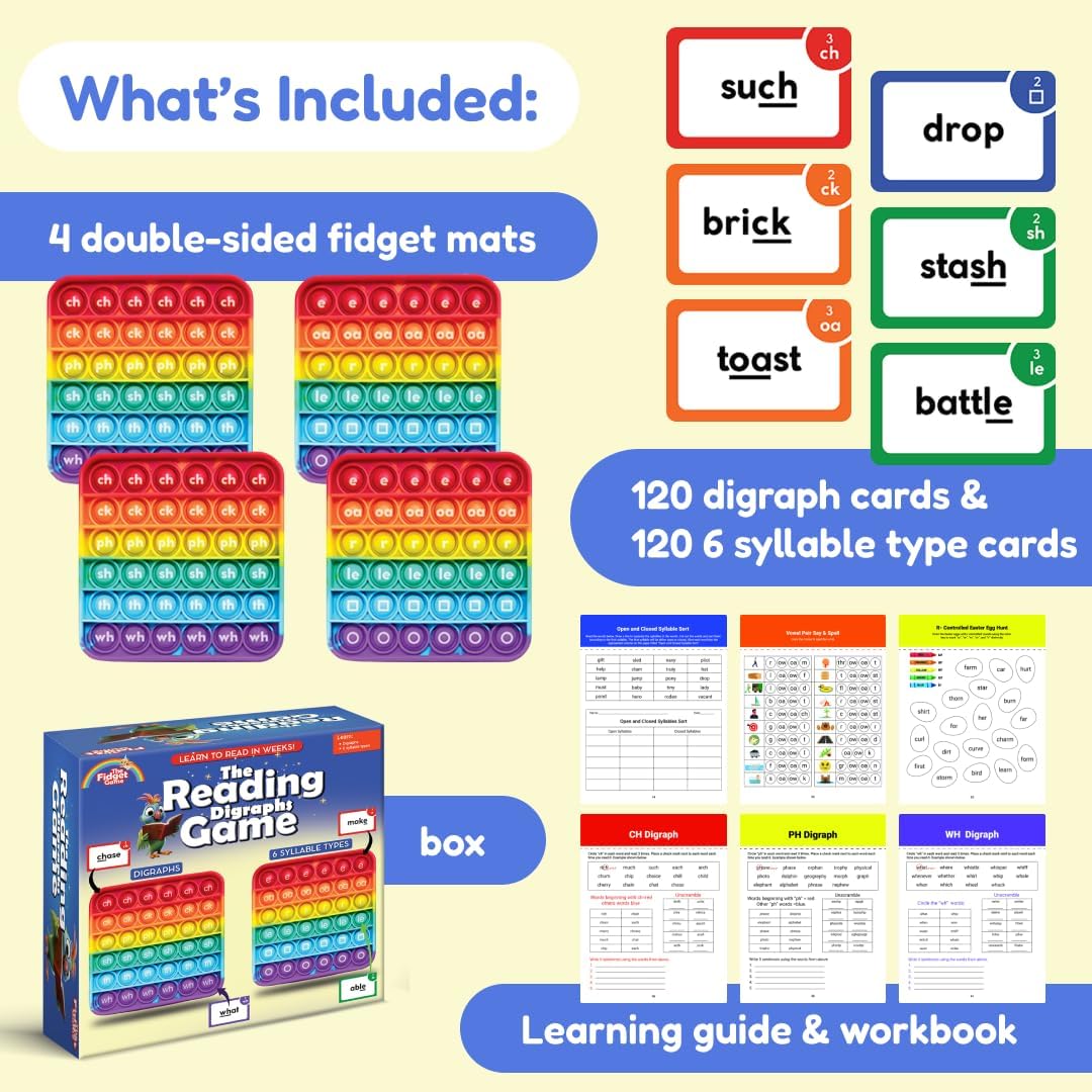 THE FIDGET GAME Science of Reading - Tarjetas didácticas y alfombrillas de estallido, dígrafos maestros y sílabas, kit educativo atractivo para dislexia y lectores jóvenes, grados 1-3