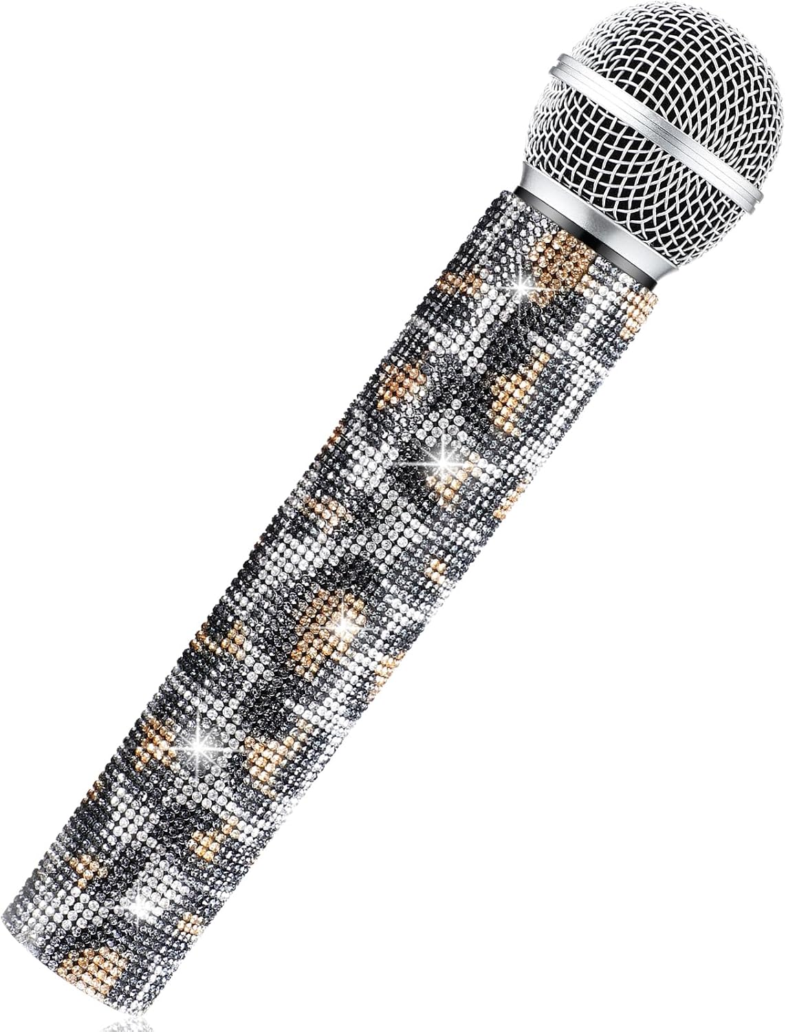 Micrófono falso con diamantes de imitación brillantes, micrófono de juego de plástico con purpurina para disfraz de fiesta de cosplay (leopardo)