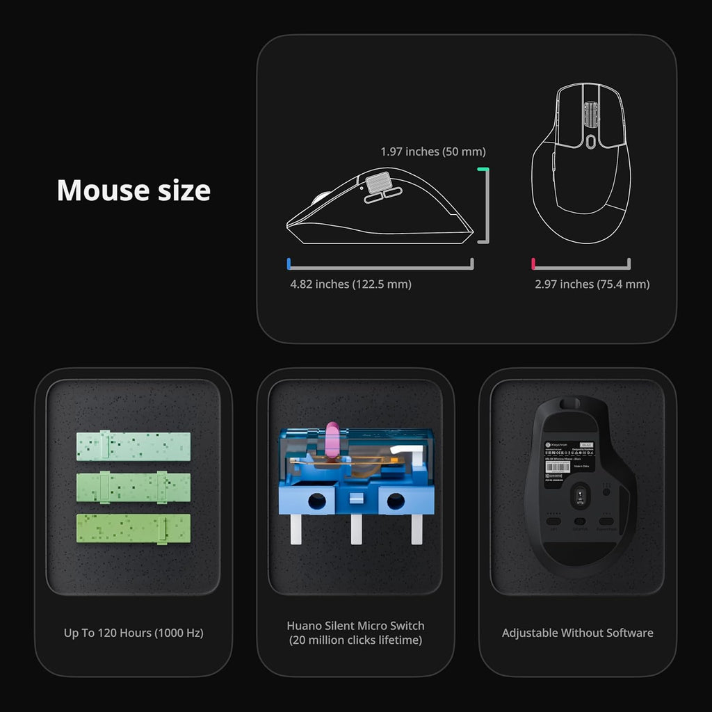 Keychron Ratón inalámbrico para juegos M6 8K, 2.4G/Bluetooth/cableado, sensor PixArt 3950, sondeo de 8000Hz, clics silenciosos, 5 perfiles de memoria integrados para Plug & Play, programable para Mac