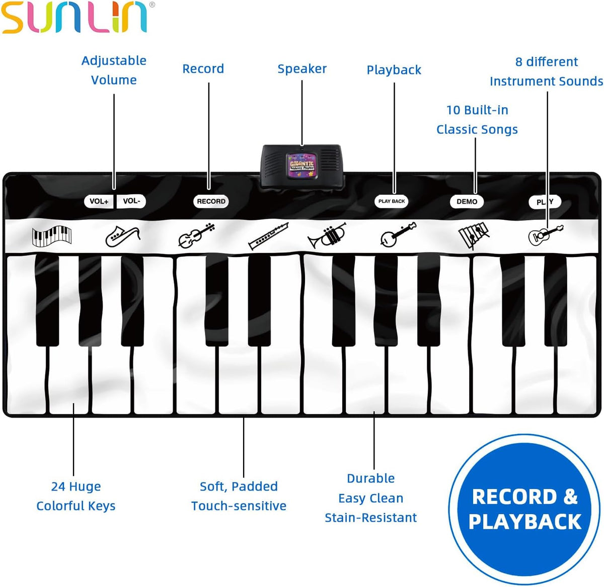 SUNLIN Alfombrilla de piano de 6 pies, tapete de teclado de piso: 24 teclas, 10 demostraciones, 8 sonidos de instrumentos, grabación y reproducción, juguetes musicales interactivos gigantes, regalos
