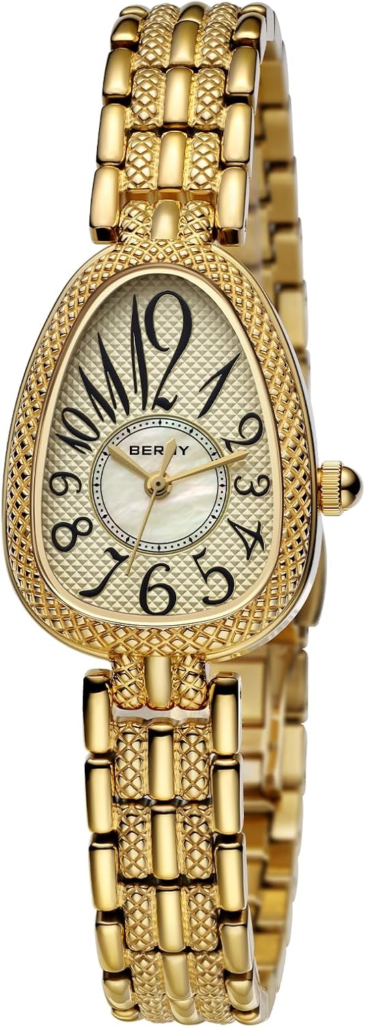 BERNY Relojes dorados para mujer, delicado reloj de pulsera para mujer, reloj vintage de la serie Serpiente, regalos de cumpleaños de lujo, movimiento de cuarzo japonés, todo acero inoxidable