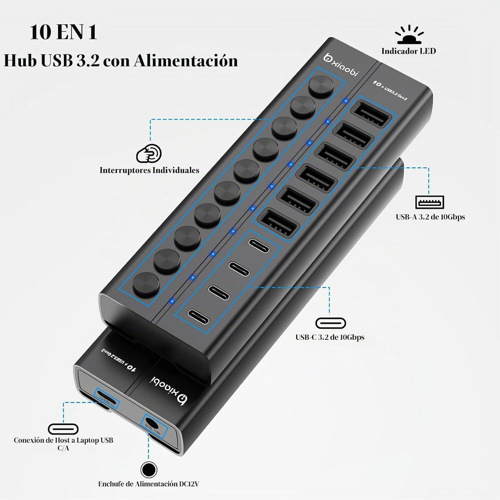 xiaobi, hub USB 3.2 de 10 puertos, alimentado, adaptador 12V/5A