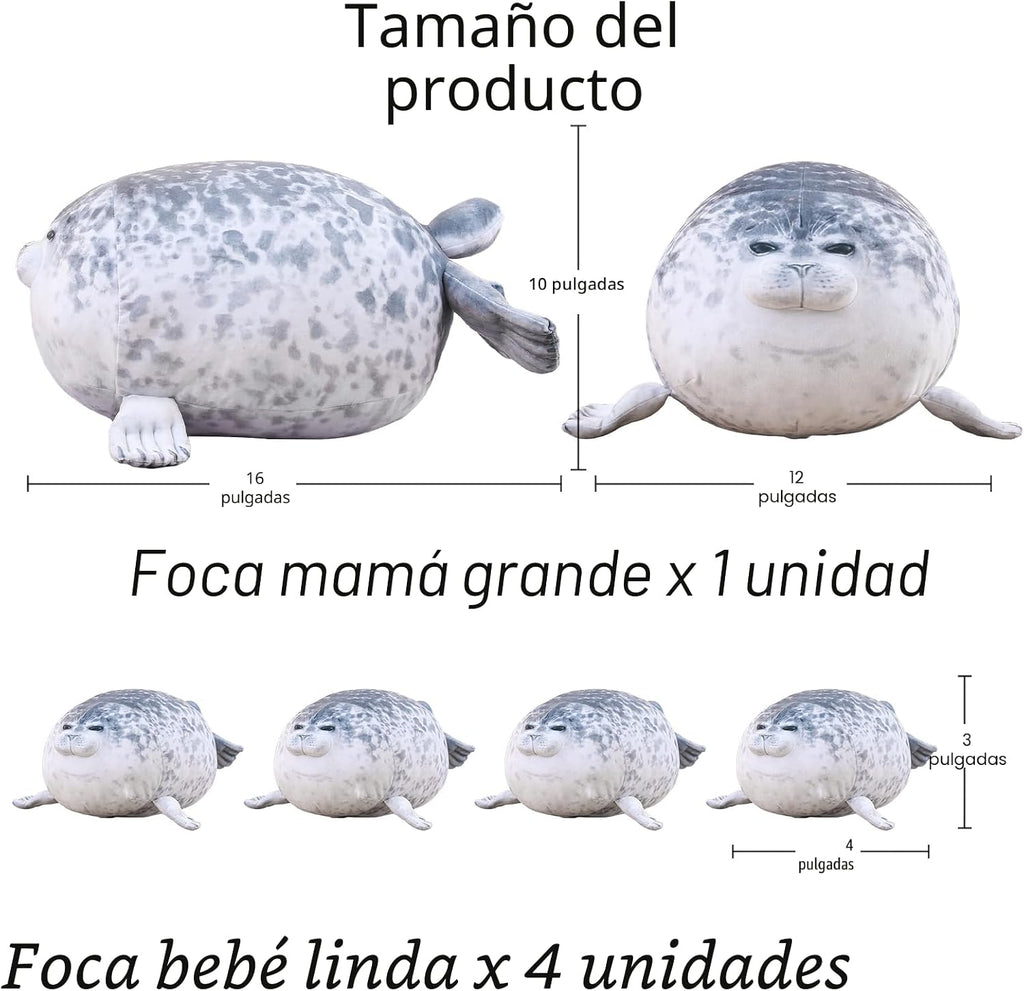 SQEQE Chubby Seal Almohada de peluche con 4 peluches de foca de bebé en su barriga, Sello