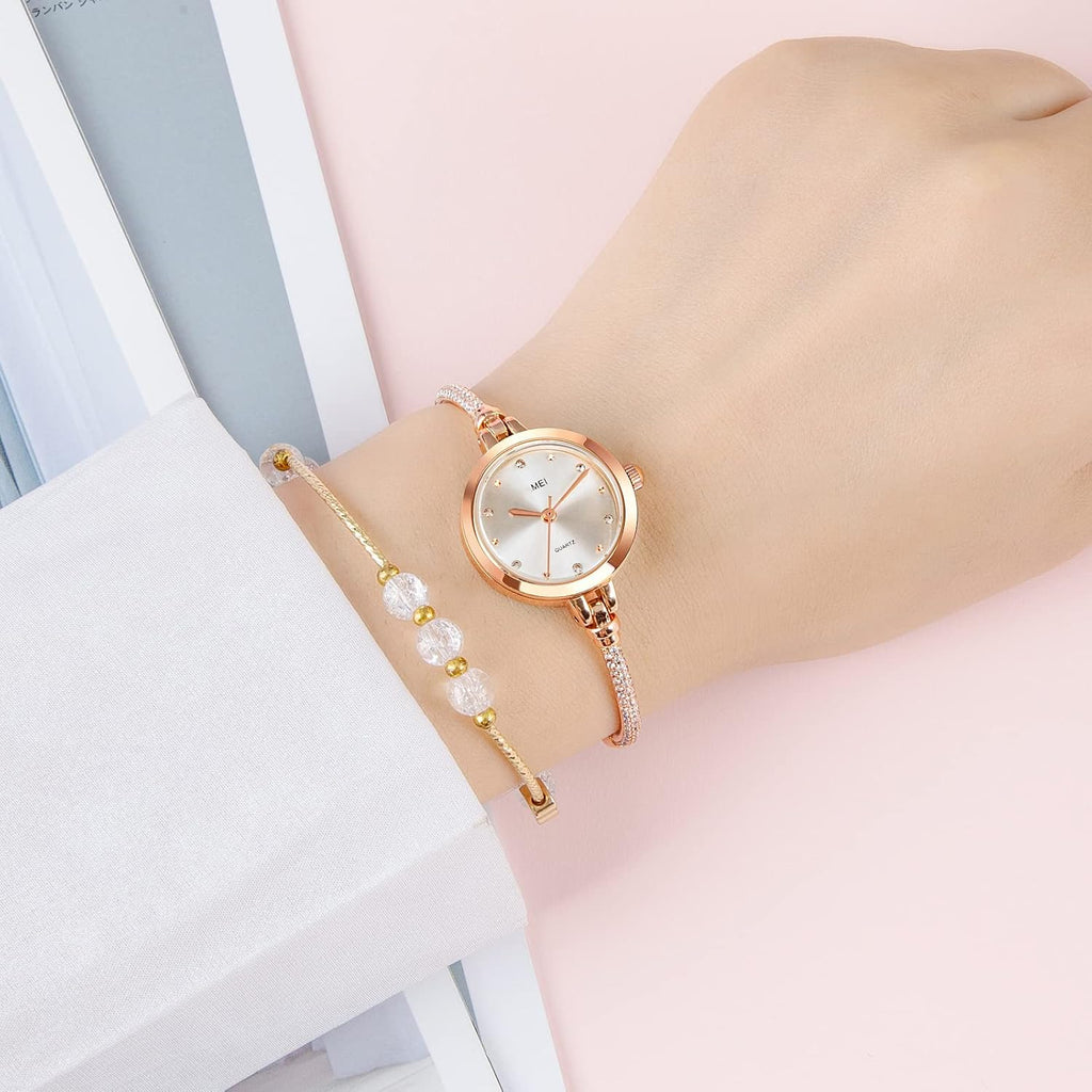 TOOCAT Reloj analógico de cuarzo para mujer, pulseras de metal, relojes de oro rosa con diamantes, reloj de pulsera de cuarzo impermeable para mujer
