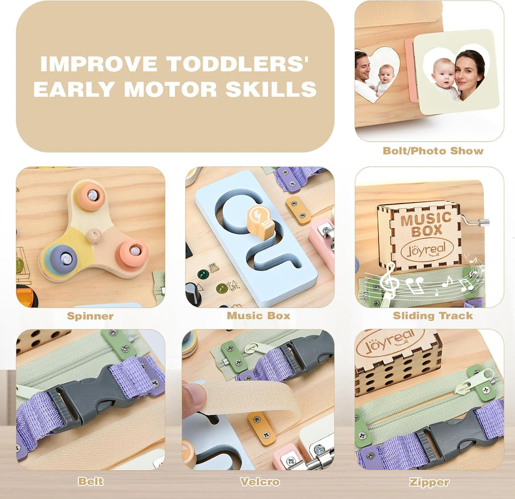 Joyreal Tablero Montessori de madera para niños pequeños, tablero de actividades sensoriales con luces LED, caja de música y cerraduras, juguete educativo de aprendizaje para niños y niñas