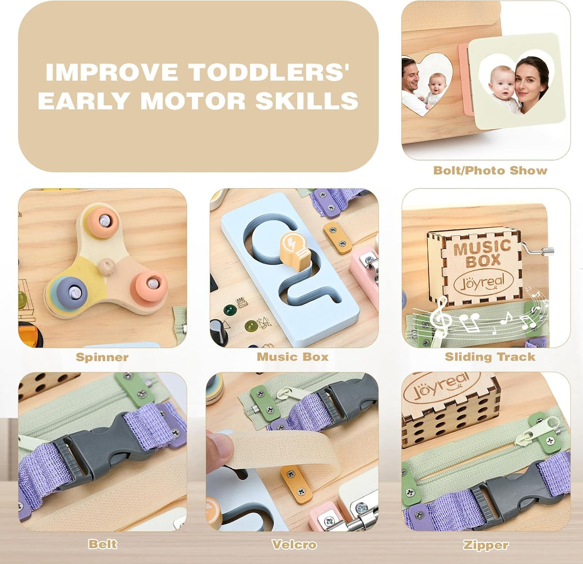 Joyreal Tablero Montessori de madera para niños pequeños, tablero de actividades sensoriales con luces LED, caja de música y cerraduras, juguete educativo de aprendizaje para niños y niñas