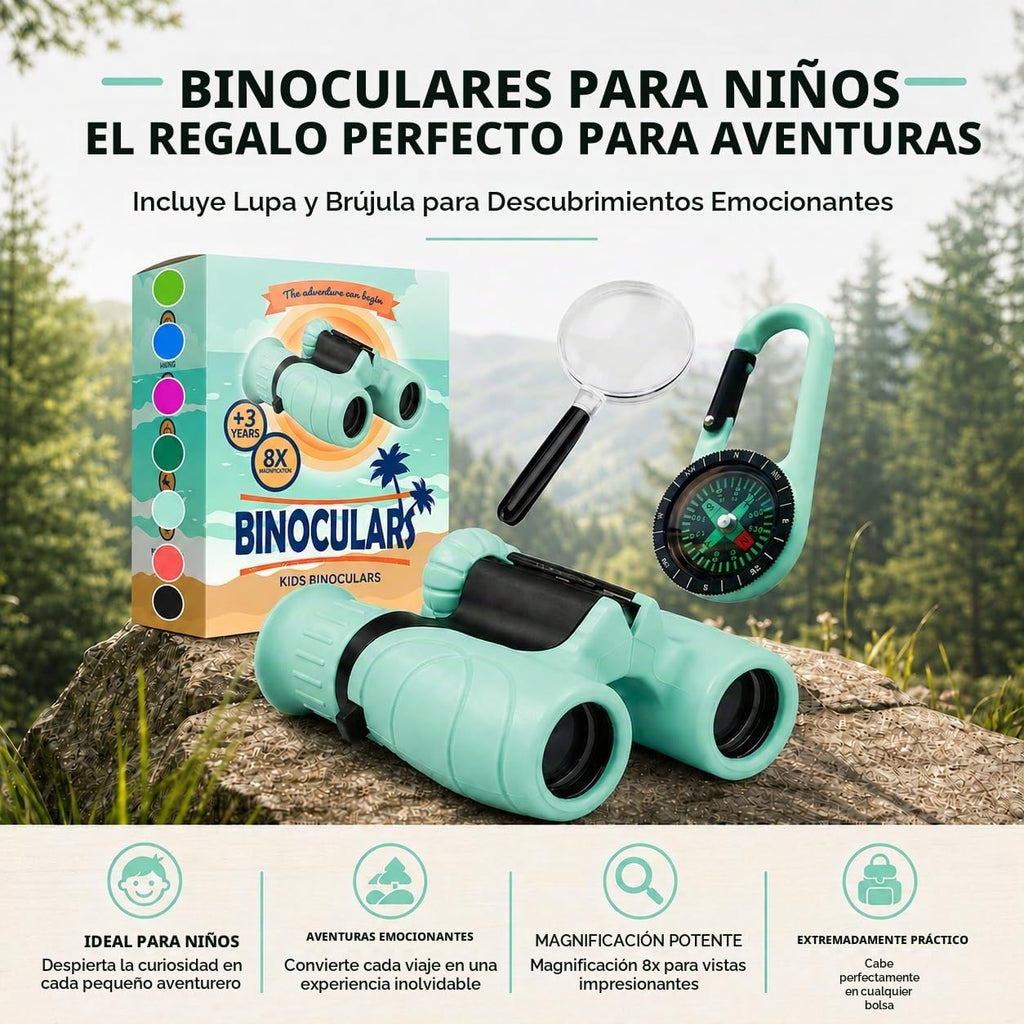 Binoculares para niños – Juguete perfecto para niños pequeños y niñas – Juego extenso que incluye lupa y brújula – Potente aumento 8 x 21 – niños de 3 a 12 años para niños pequeños