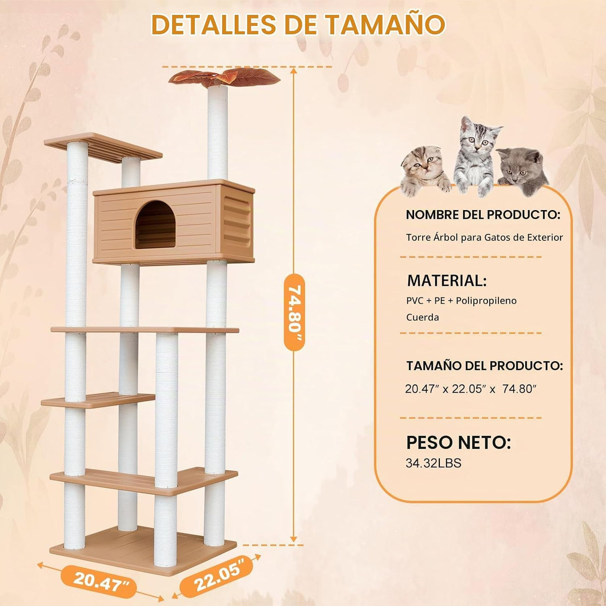 Torre de árbol para gatos resistente a la intemperie de 74.8 pulgadas con