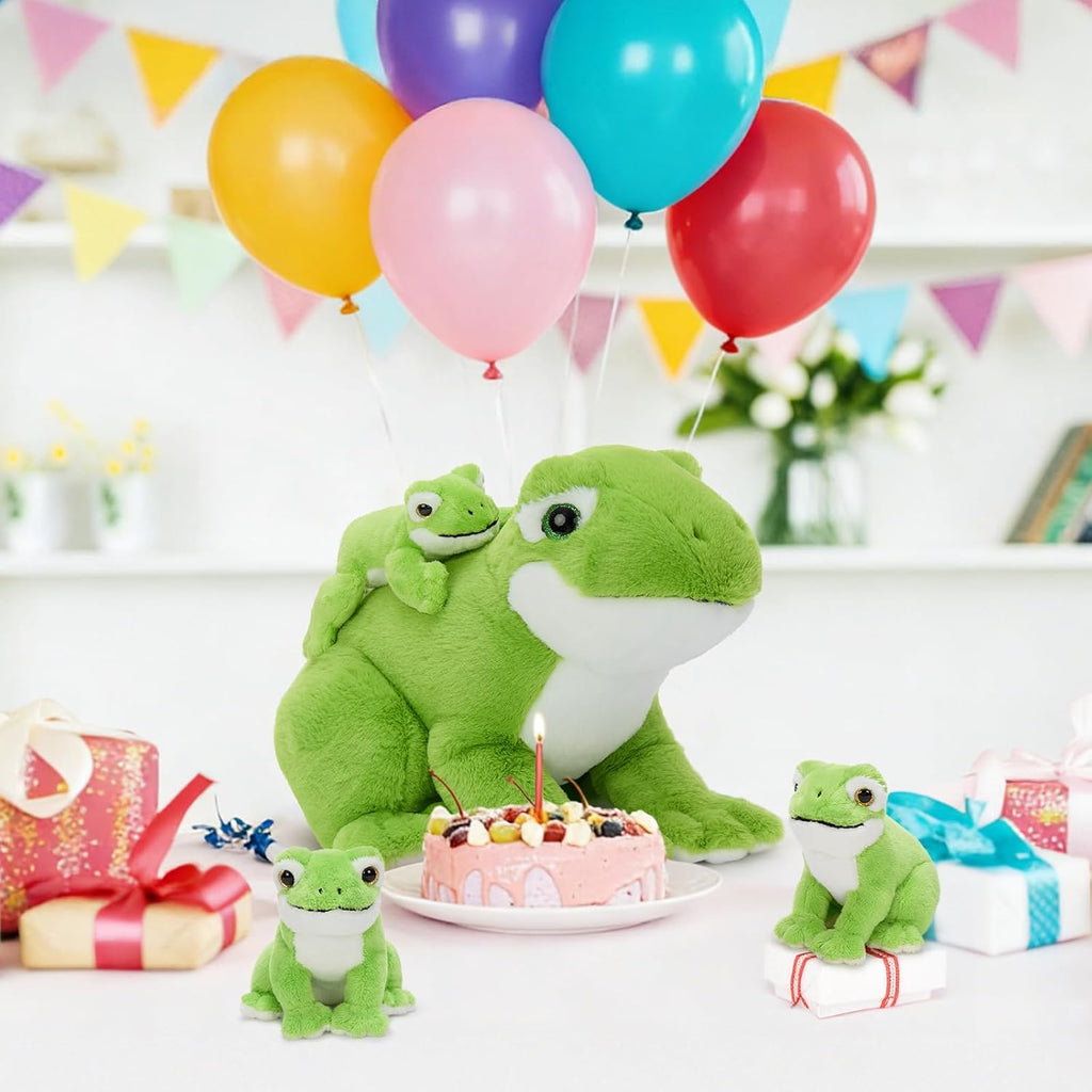 MorisMos Animal de peluche de rana verde de 15.7 pulgadas con 3 bebés, juego familiar de felpa de rana de peluche suave, lindo juguete de rana para juego imaginativo y acurrucarse a la hora de dormir