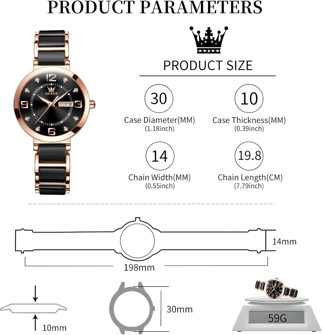 OLEVS Reloj para Mujer - Cara Pequeña, Correa de Cerámica y Acero Inoxidable, Lujo con Acentos Diamante, Elegante Reloj de Vestir para Damas, Resistente al Agua, Carga Luminosa de Cuarzo, Joyas Relojes Regalo para Mujeres
