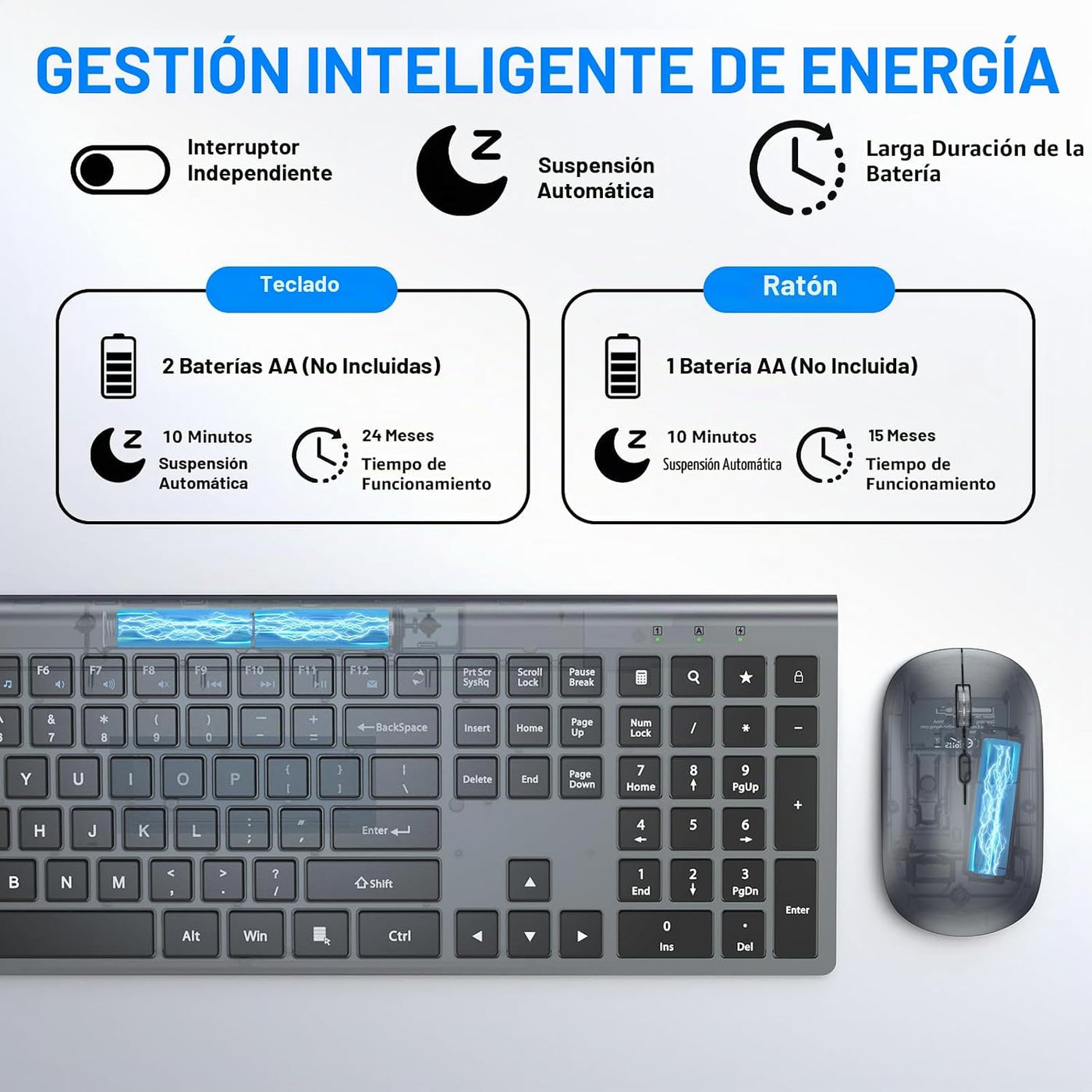 Combo de teclado y mouse inalámbricos, teclado silencioso ultra del...