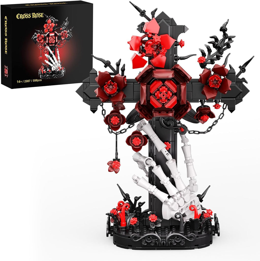DRZYJ Juego de construcción de cruz de rosas góticas para adultos, 598 piezas de bloques de ramo de rosas rojas oscuras con mano de esqueleto, decoración de escritorio de Halloween, regalo gótico