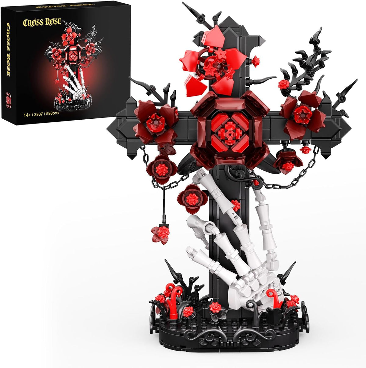 DRZYJ Juego de construcción de cruz de rosas góticas para adultos, 598 piezas de bloques de ramo de rosas rojas oscuras con mano de esqueleto, decoración de escritorio de Halloween, regalo gótico