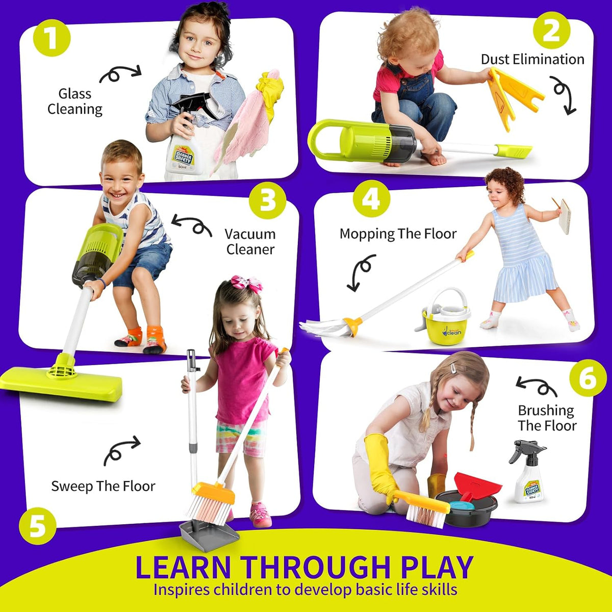 Juego de juguetes de limpieza para niños pequeños, juego de juguetes de limpieza para niños, juego de limpieza del hogar de imitación - Incluye. Juego de aspiradora eléctrica, juego de escoba