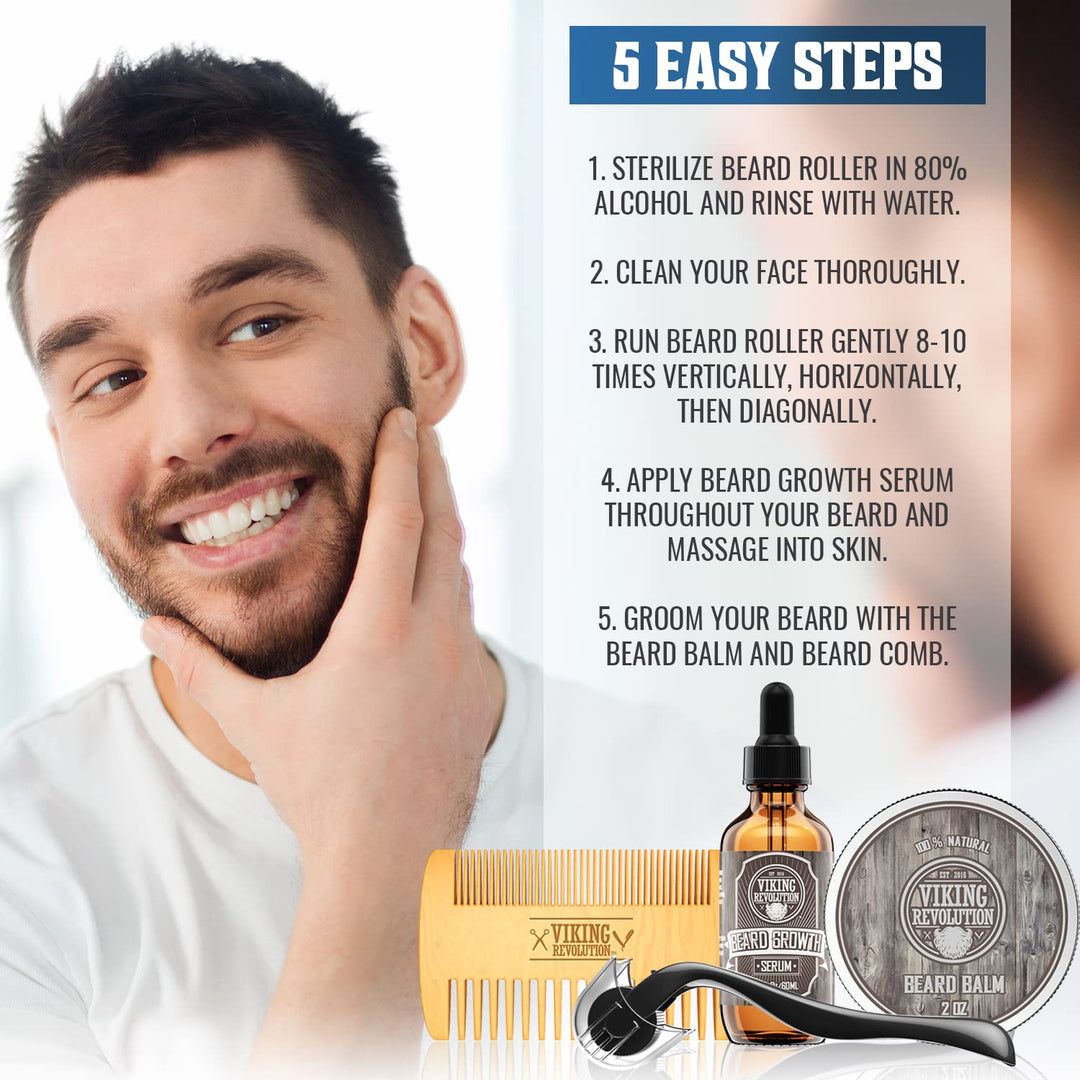 Kit de crecimiento de barba - aceite, bálsamo, suero, rodillo Derma...
