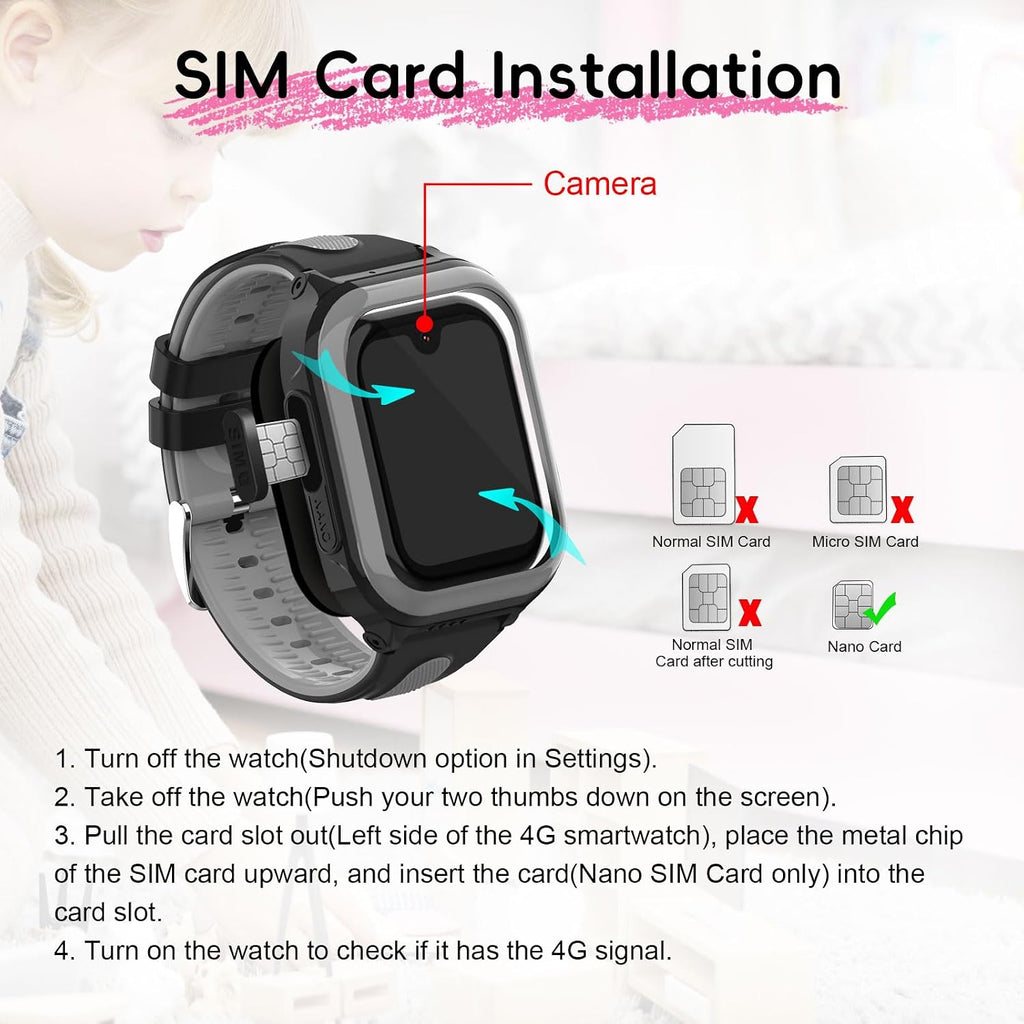 Wonlex - Reloj inteligente con GPS 4G para niños, pantalla táctil AMOLED de 1.78 pulgadas, reloj grande con tarjeta SIM, videollamadas, chat de voz, SOS, cámara, música, podómetro, juego,