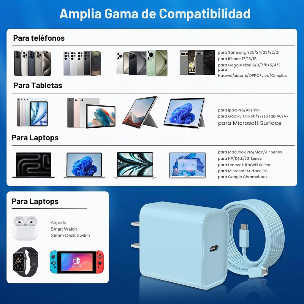 Cargador de carga rápida para iPhone 16 y 15, paquete de 3 cargadores USB C PD de 20 W con cable de 10 pies, cable USB C tipo C para iPhone 16/16 Plus/16 Pro/16 Pro Max/15/15 Pro/15 Pro Max (azul)