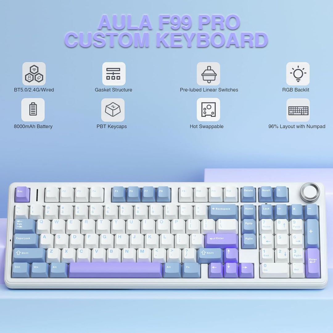Teclado mecánico inalámbrico AULA F99 Pro con perilla, sonido cremo...