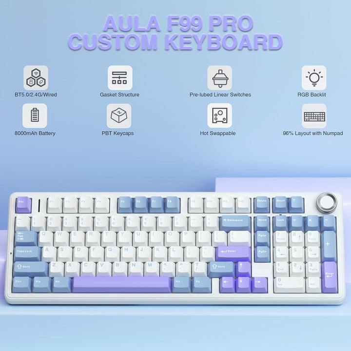 Teclado mecánico inalámbrico AULA F99 Pro con perilla, sonido cremo...