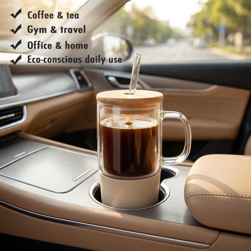 Vaso de vidrio de doble pared con asa y tapa con popote, taza de viaje aislada de 20 onzas para bebidas frías y calientes, vaso de vidrio transparente apto para portavasos