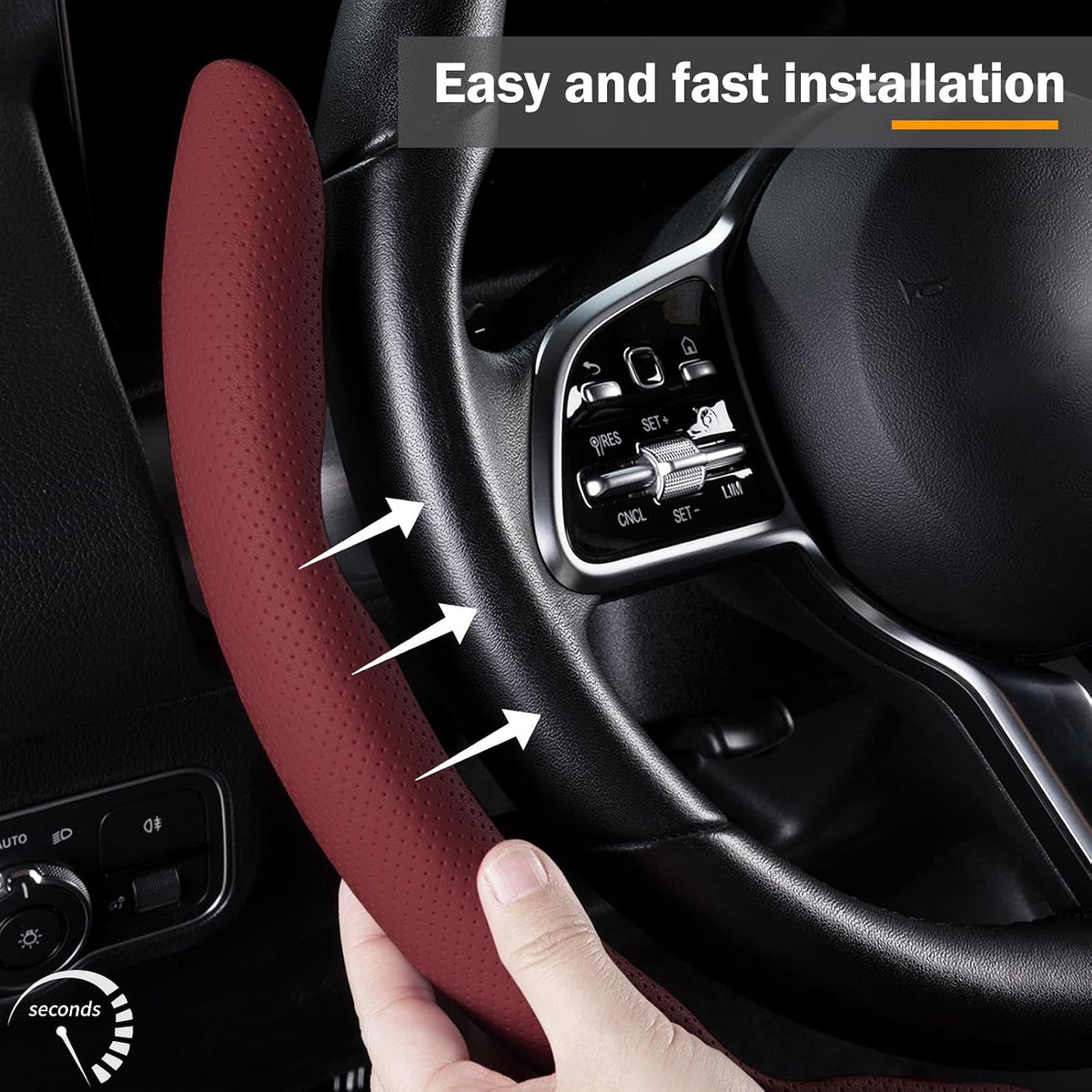 Funda de cuero para volante de automóvil con broche, juego de 3 piezas, protector antideslizante, envolvente, accesorios para volante de 14.5-15 pulgadas, universal, rojo vino