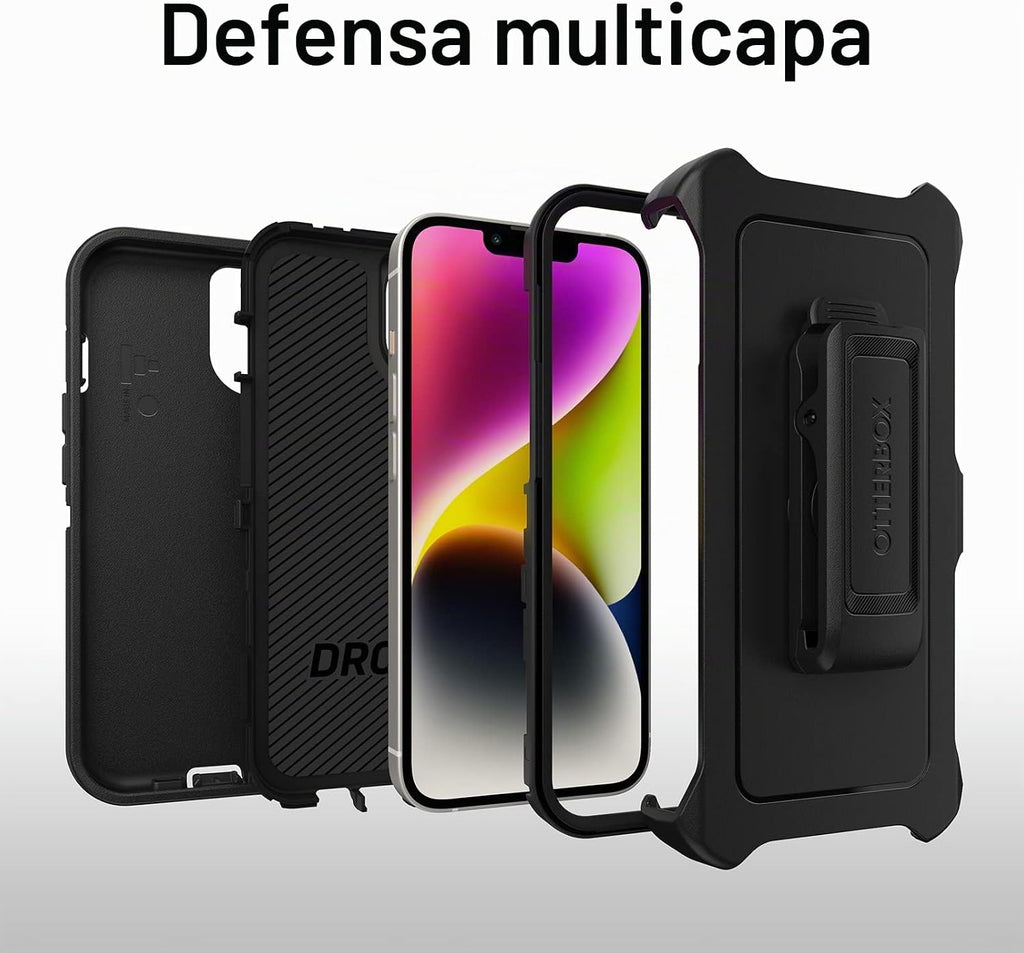 OtterBox Funda para iPhone 14 y iPhone 13 Defender Series - Negro, resistente y duradera, con protección de puerto, incluye soporte de clip para funda