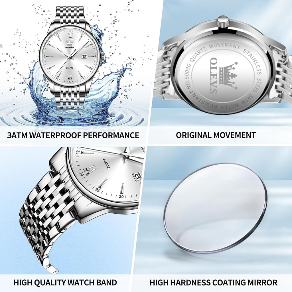 OLEVS Relojes para hombre de lujo de acero inoxidable 30M impermeable