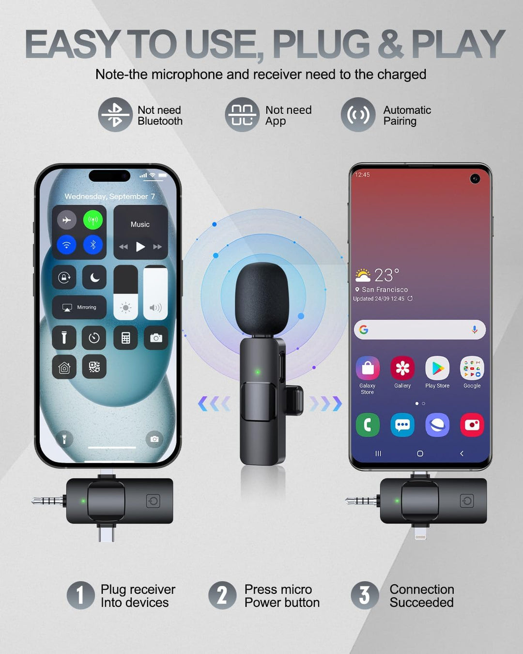 PQRQP Micrófono Lavalier inalámbrico profesional 3 en 1 para iPhone...