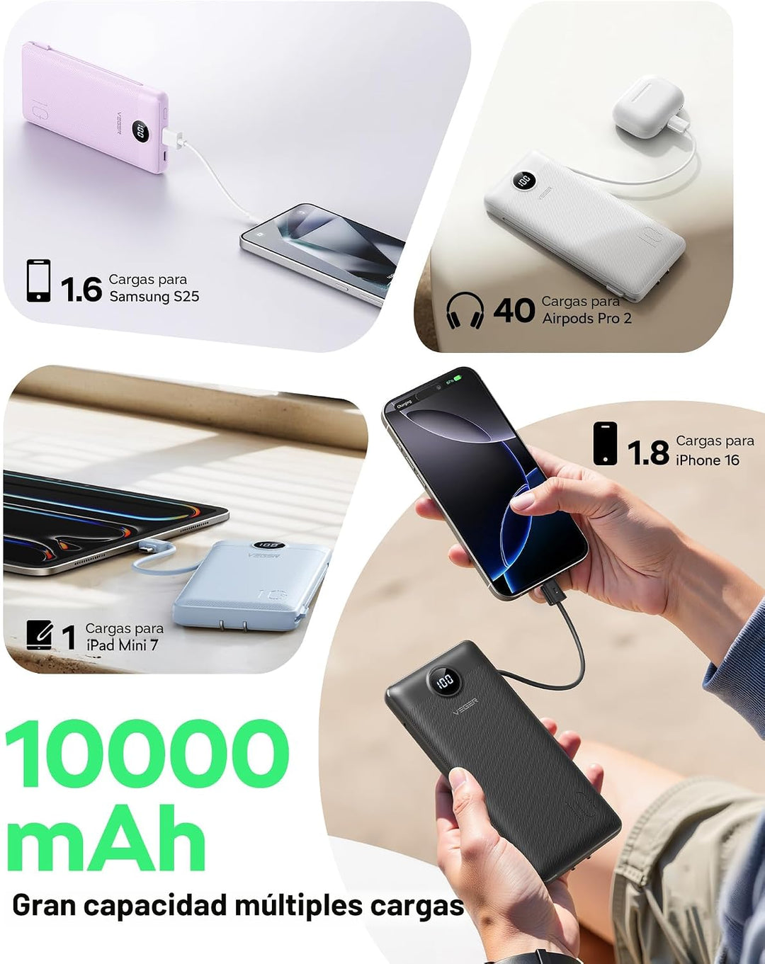 VEGER Cargador portátil, banco de energía de 10000 mAh, enchufe de...