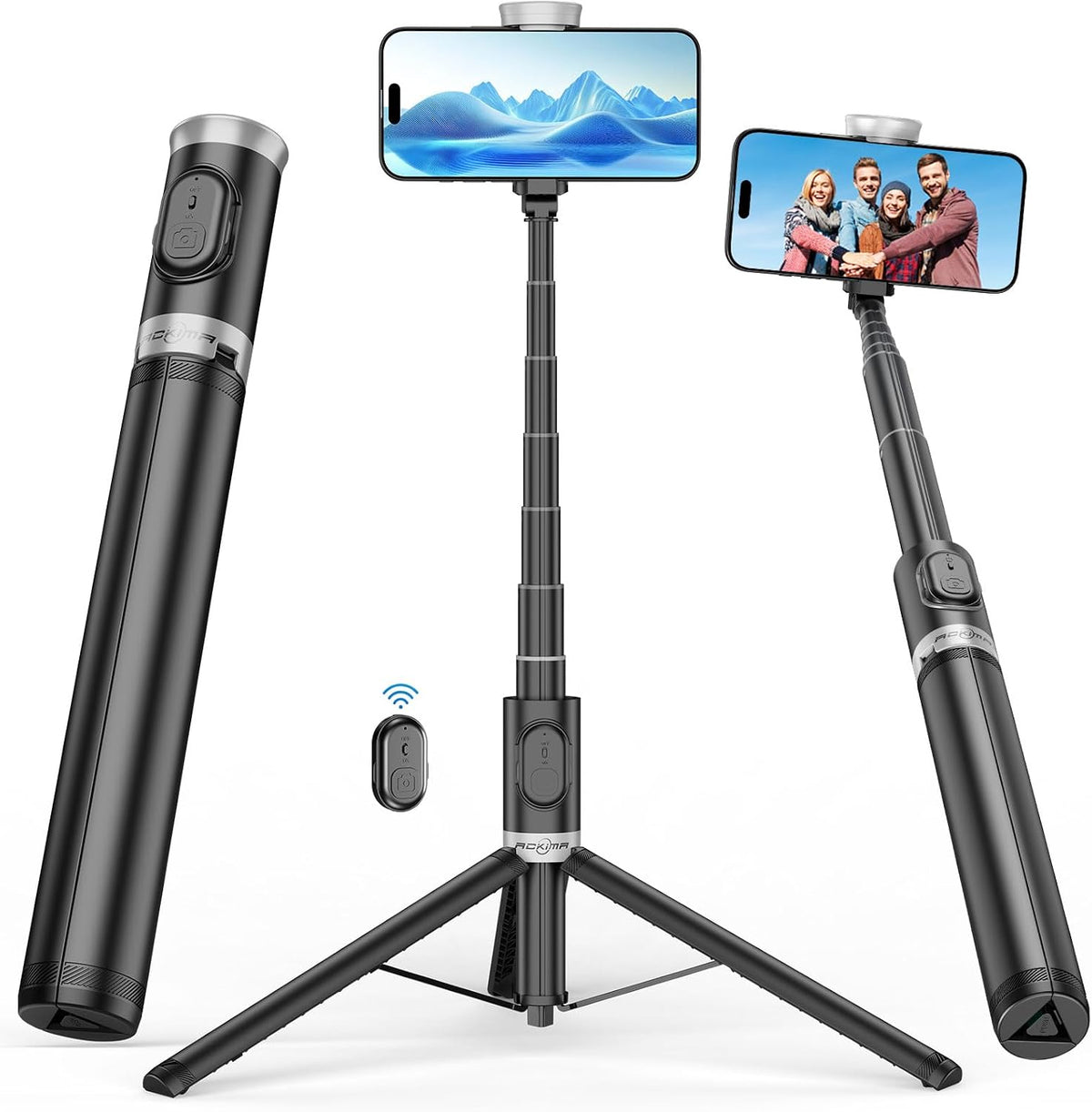 Trípode de palo selfie de 67 pulgadas con control remoto inalámbrico para iPhone y Android